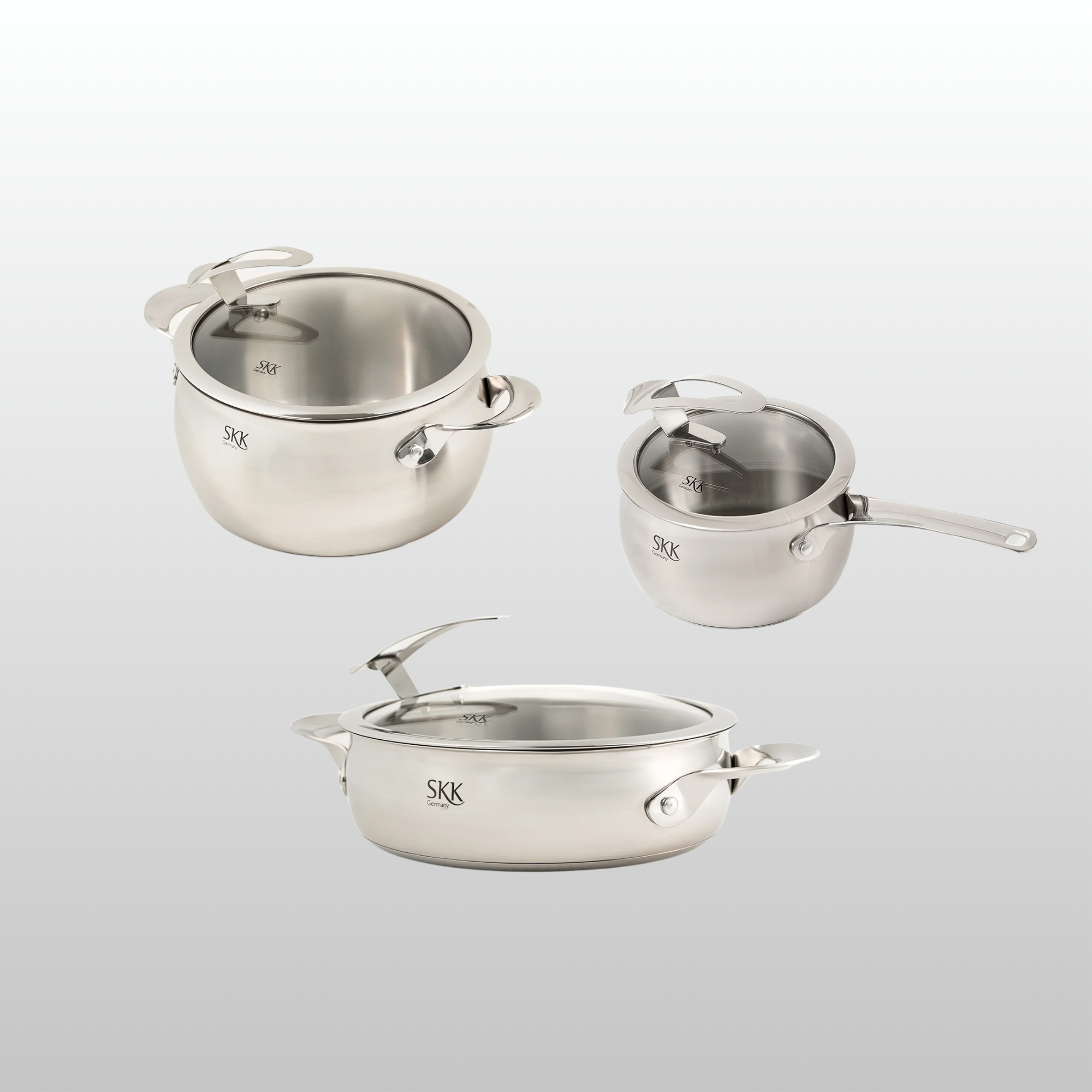 Der Designliebling  - Edelstahltopfset mit Glasdeckel, 6 - tlg., Bräter 24 cm, Kochtopf 20 cm, Stieltopf 16 cm