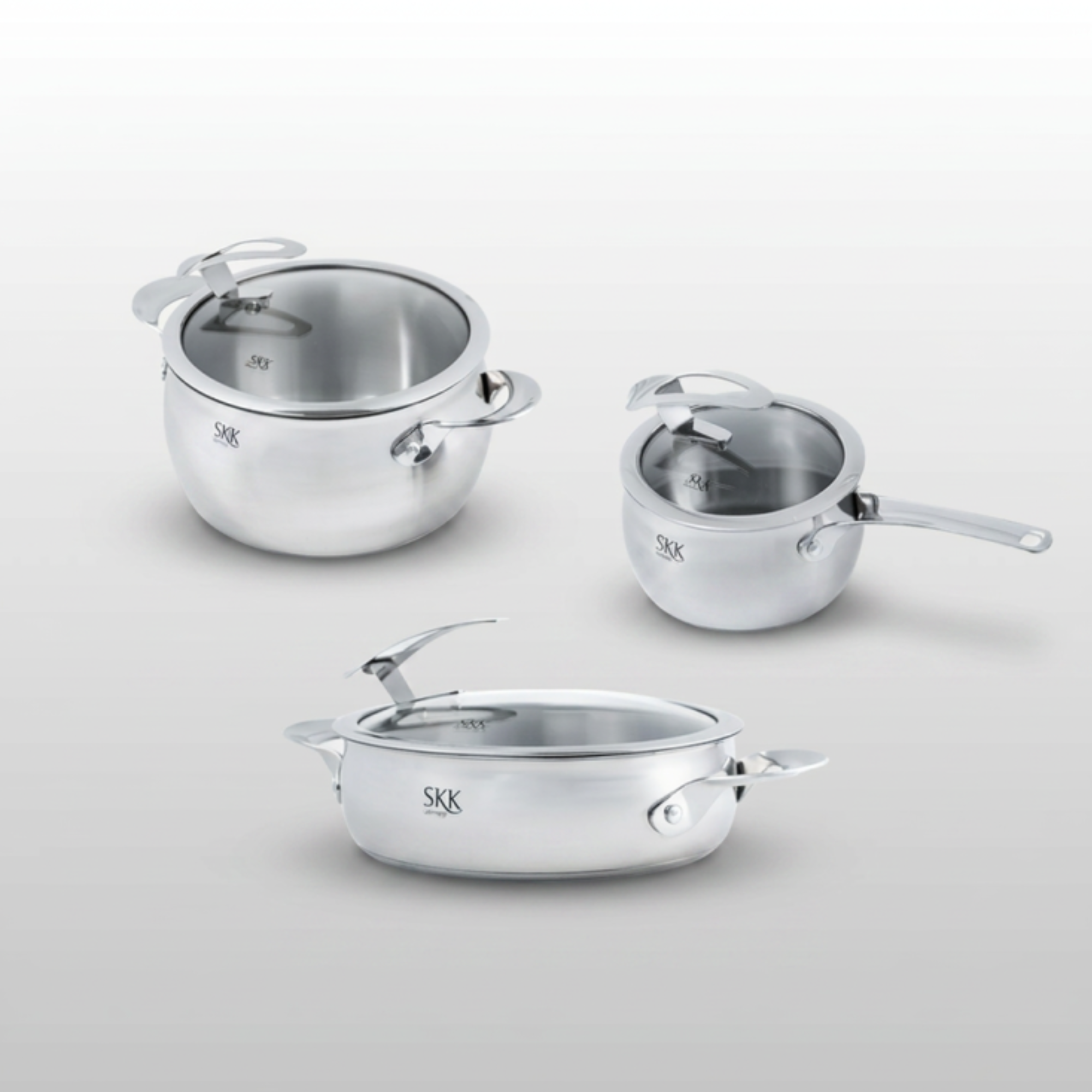 Der Designliebling  - Edelstahltopfset mit Glasdeckel, 6 - tlg., Bräter 24 cm, Kochtopf 20 cm, Stieltopf 16 cm